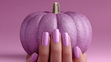 Sparkling Purple Nails Gracefully Hold a Glittering Pumpkin.