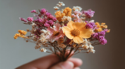 Delicate dried flowers in pastel shades are held gently, creating a serene and charming bouquet.