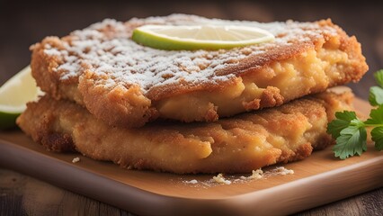 German-style Wiener Schnitzel fried until golden and crunchy on home kitchen plate