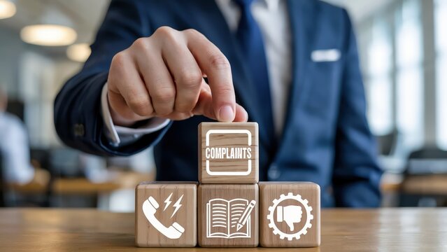 Business man handling complaints on wooden blocks in an office
