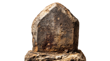 Old stone pillar displays engraved numbering on transparent background.
