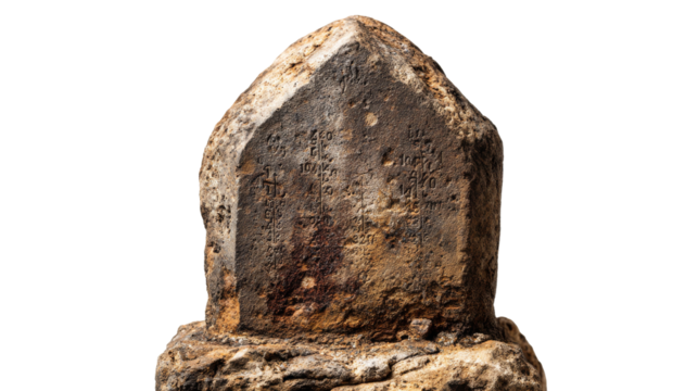 Old stone pillar displays engraved numbering on transparent background.
