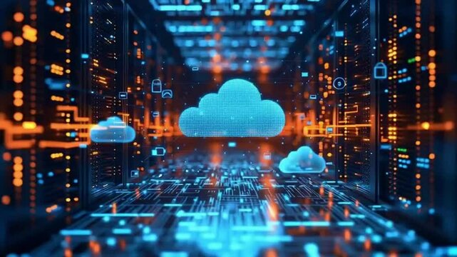 Futuristic animation showing secure cloud data transfer, cybersecurity symbols, and digital network connections&mdash;ideal for tech, IT, and internet safety themes.
