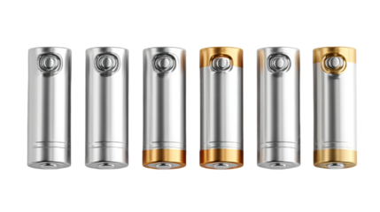 Metallic batteries stand isolated in a row with gold accents against transparent background.
