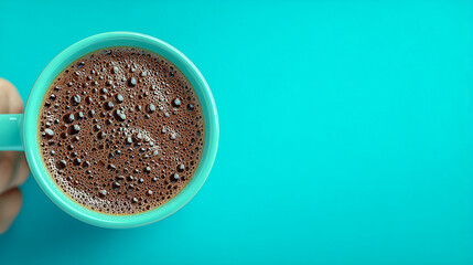 A freshly brewed cup of coffee sits atop a vibrant turquoise background, ready to invigorate your day.