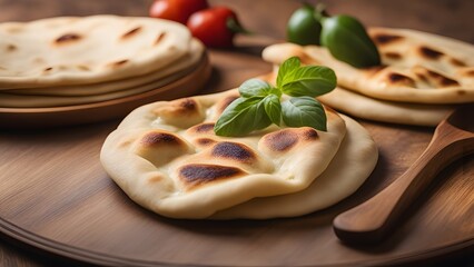 Freshly baked homemade Indian naan flatbread served on rustic wooden background