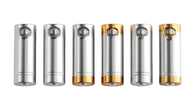 Metallic batteries stand isolated in a row with gold accents against transparent background.
