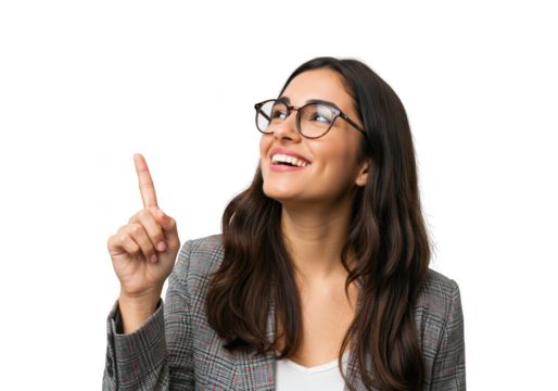Young woman wearing glasses pointing upwards and smiling isolated on transparent background