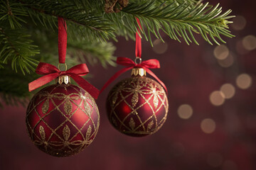 Red and gold christmas ornaments on tree branch