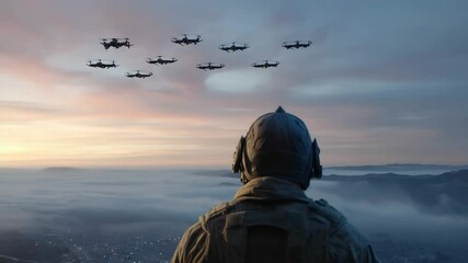 Futuristic soldier observing a swarm of drones against a breathtaking sunset background - Powered by Adobe