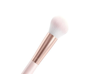 High-detail close-up of a makeup brush with soft bristles and rose gold handle, clean lighting, isolated