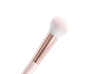 High-detail close-up of a makeup brush with soft bristles and rose gold handle, clean lighting, isolated