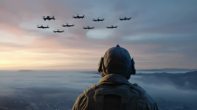 Futuristic soldier observing a swarm of drones against a breathtaking sunset background