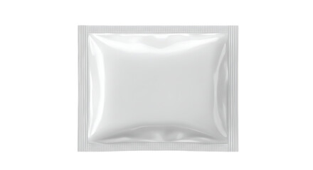 A blank white square sachet with sealed edges and a textured crimp seal isolated on white background