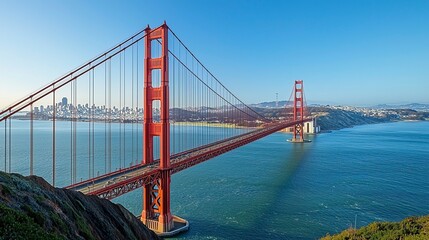 Fototapeta premium Panoramic Aerial View of Golden Gate Bridge in San Francisco, Red Bridge, Blue Sky, Calm Water, Cityscape and Bay Area Background