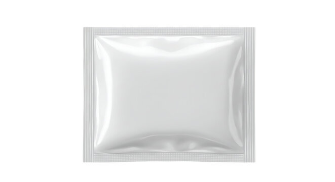 A blank white square sachet with sealed edges and a textured crimp seal isolated on white background