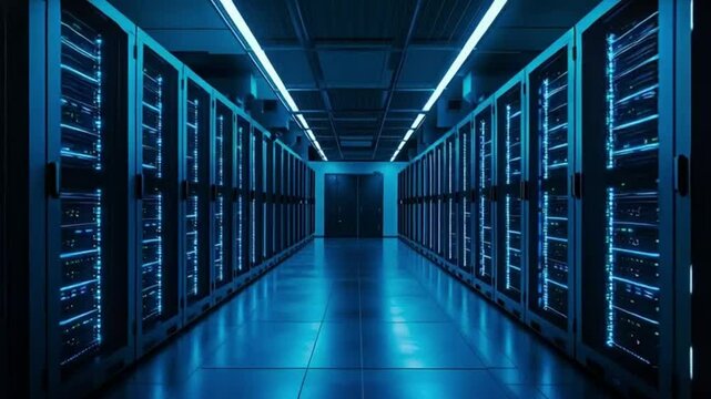 Futuristic animation of IT technician monitoring data flow in a secure server room. Ideal for cybersecurity, cloud technology, and digital infrastructure themes