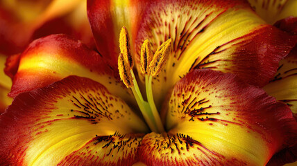 Macro photography of blooming lilies with vibrant red and yellow petals and detailed pollen stamens, showcasing natural beauty