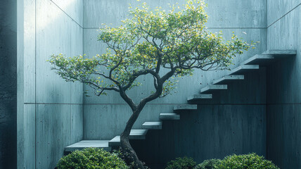 Modern exposed concrete wall smooth with grain texture and green tree with stairs in minimalistic space