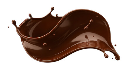 A dynamic swirling splash of rich dark chocolate liquid with droplets and waves isolated on white background