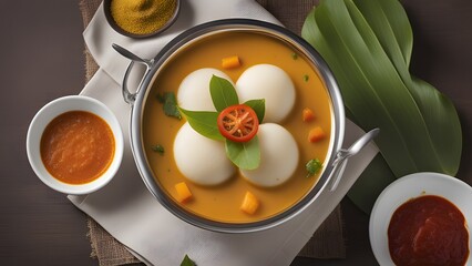 Classic idli sambar with green and red chutney in Indian vegetarian breakfast style