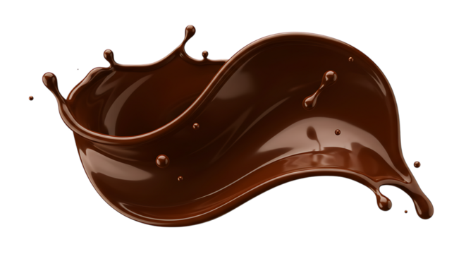 A dynamic swirling splash of rich dark chocolate liquid with droplets and waves isolated on white background