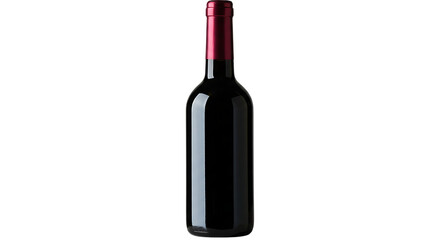 A sleek dark glass bottle filled with rich red wine and sealed with a metallic burgundy foil cap isolated on white background