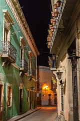 Nighttime Alley Lined with Potted Plants in Guanajuato Mexico