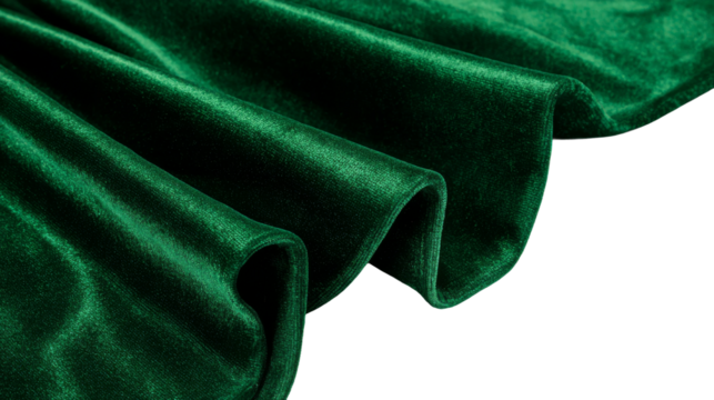 Emerald green velvet fabric presents soft folds against a transparent background.
