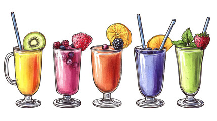 Five Colorful Smoothies With Various Fruits And Berries