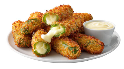 Crispy breaded jalapeno poppers are sitting on white plate with creamy dipping sauce.
