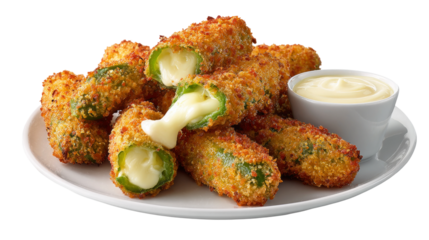 Crispy breaded jalapeno poppers are sitting on white plate with creamy dipping sauce.

