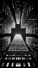 Low angle view looking up at multiple illuminated city skyscrapers against a dark night sky
