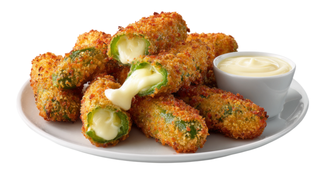 Crispy breaded jalapeno poppers are sitting on white plate with creamy dipping sauce.
