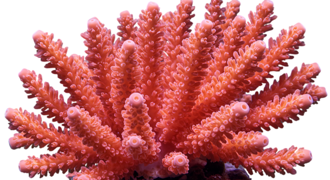 Vibrant pink staghorn coral branch with intricate polyps showcasing detailed texture and structure isolated on white background