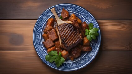 Mouthwatering mutton curry garnished with coriander in a home-cooked style