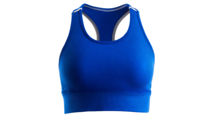 Blue ribbed sports bra with racerback design appears isolated on transparent background.

