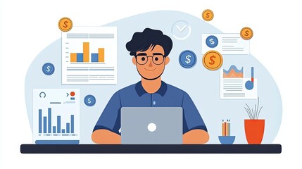 Professional business analysis with charts and graphs. Finance and statistics data with laptop setup. Ideal for productivity digital work contexts, modern office theme.