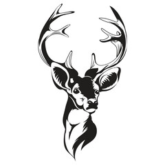 Detailed black and white deer head illustration featuring strong antlers and clean lines, ideal for logos, tattoos, apparel prints, and modern designs emphasizing bold wildlife themes.