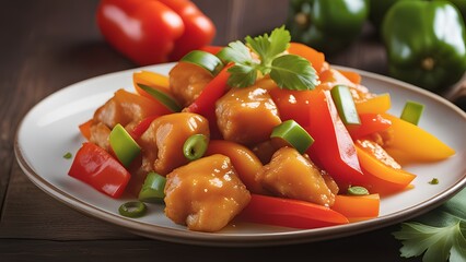 Sweet and sour chicken served with colorful bell peppers on white plate