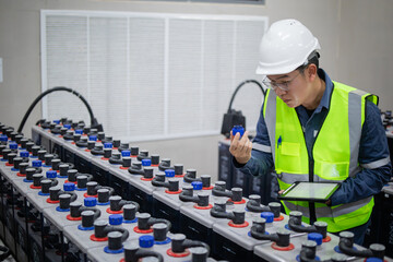Technician inspects backup battery system carefully to ensure power supply is reliable and...
