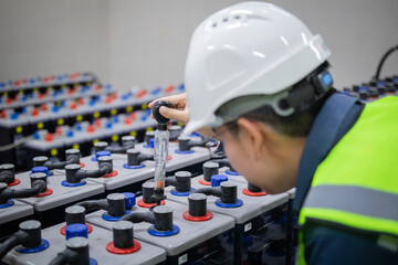Technician inspects backup battery system carefully to ensure power supply is stable and reliable...