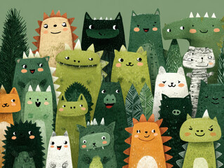 Illustration of Cute Cartoon Monsters in a Forest