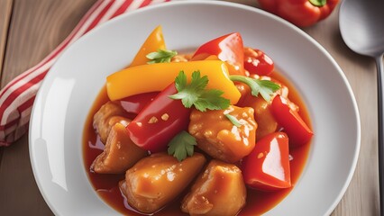 Delicious sweet and sour chicken garnished with red and green bell peppers