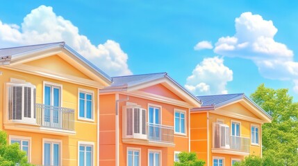 Obraz premium Modern sunny residential house architecture illustration. Residential building and home in a bright neighborhood. Property with windows, roof, shutters, balcony, and facade. Contemporary concept,