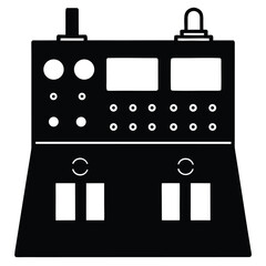 The black silhouette showcases a control panel featuring knobs, switches, display screens, and foot pedals