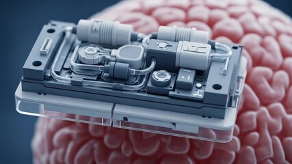 Futuristic brain implant technology: A detailed view of neural interface device on a human brain model - Powered by Adobe