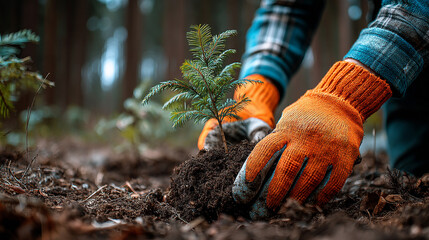Gloved hands carefully plant a vibrant green sapling into rich forest soil, symbolizing hope for a sustainable future.