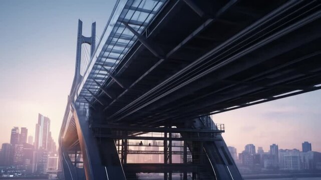 Futuristic bridge construction over water with city skyline at sunset, architectural marvel video