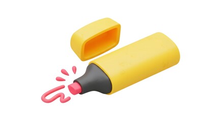 Yellow highlighter with cap off, leaving a pink mark on a white surface.